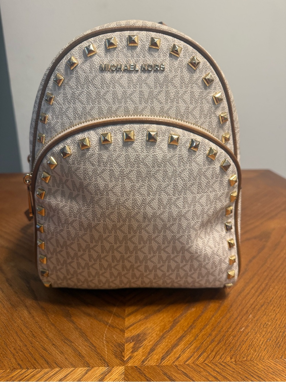 Michael Kors Abbey Mini Backpack Vanilla MK Logo Gold Studded Purse Bag EUC